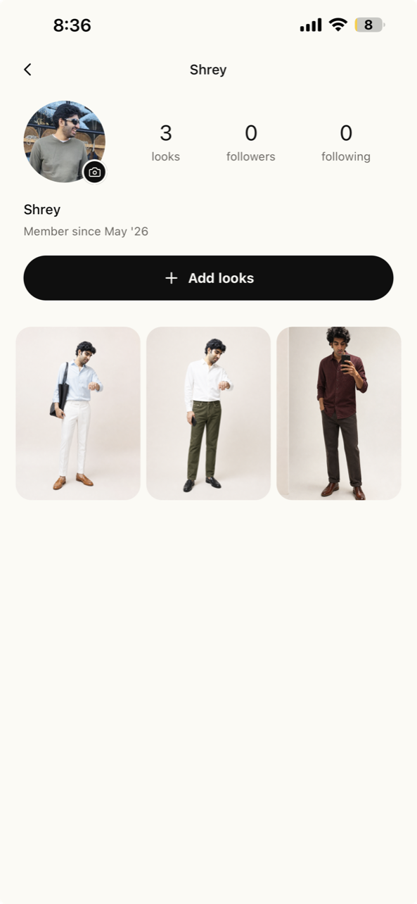 An Attigram profile — a member's saved looks in a grid, ready to browse and try on