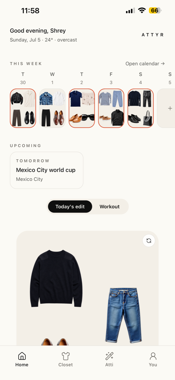 The morning Home screen — greeting, the week, and today's outfit board