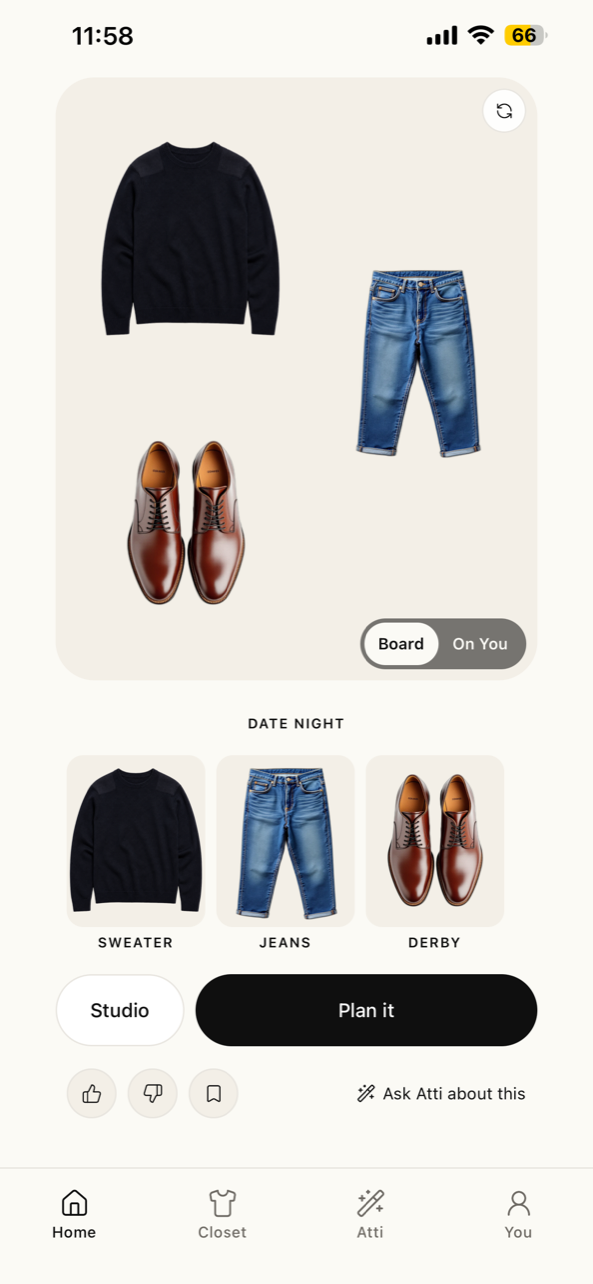 The composed look — a date-night board with plan and try-on
